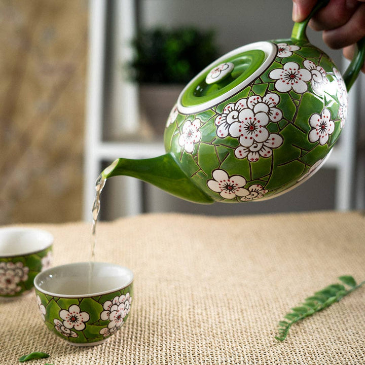 Urban Tokyo 26oz Green Ume Plum Blossoms Tea Pot with 2 Cups