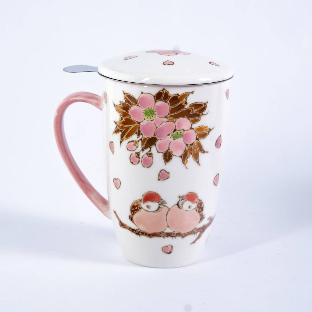 Twin Sparrows Cherry Blossoms Design 15oz Tea Mugs with Lid and Infuser for Loose Leaf Tea