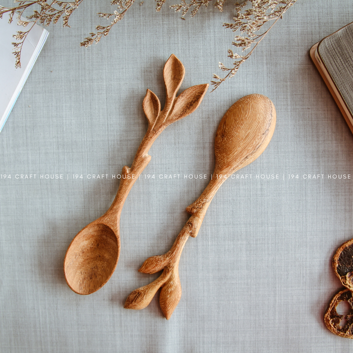 Artisan Leaf Handle Wooden Spoon - Kitchen Serving Utensils