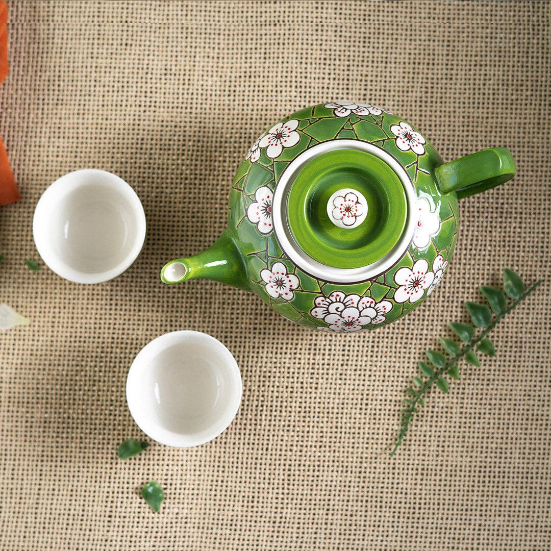 Urban Tokyo 26oz Green Ume Plum Blossoms Tea Pot with 2 Cups