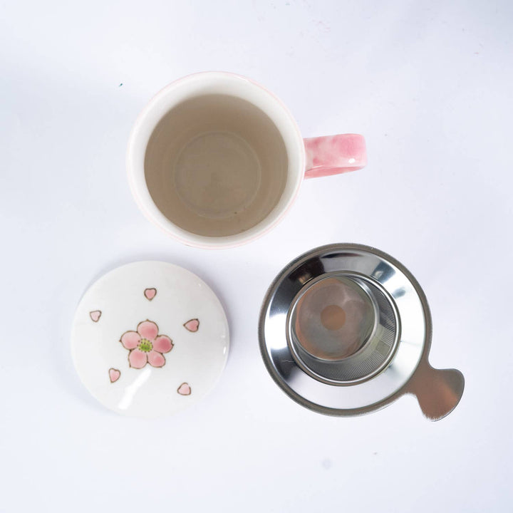 Twin Sparrows Cherry Blossoms Design 15oz Tea Mugs with Lid and Infuser for Loose Leaf Tea