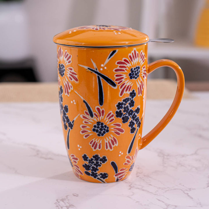 Urban Tokyo Yellow Flower 15oz Tea Mugs with Lid and Infuser