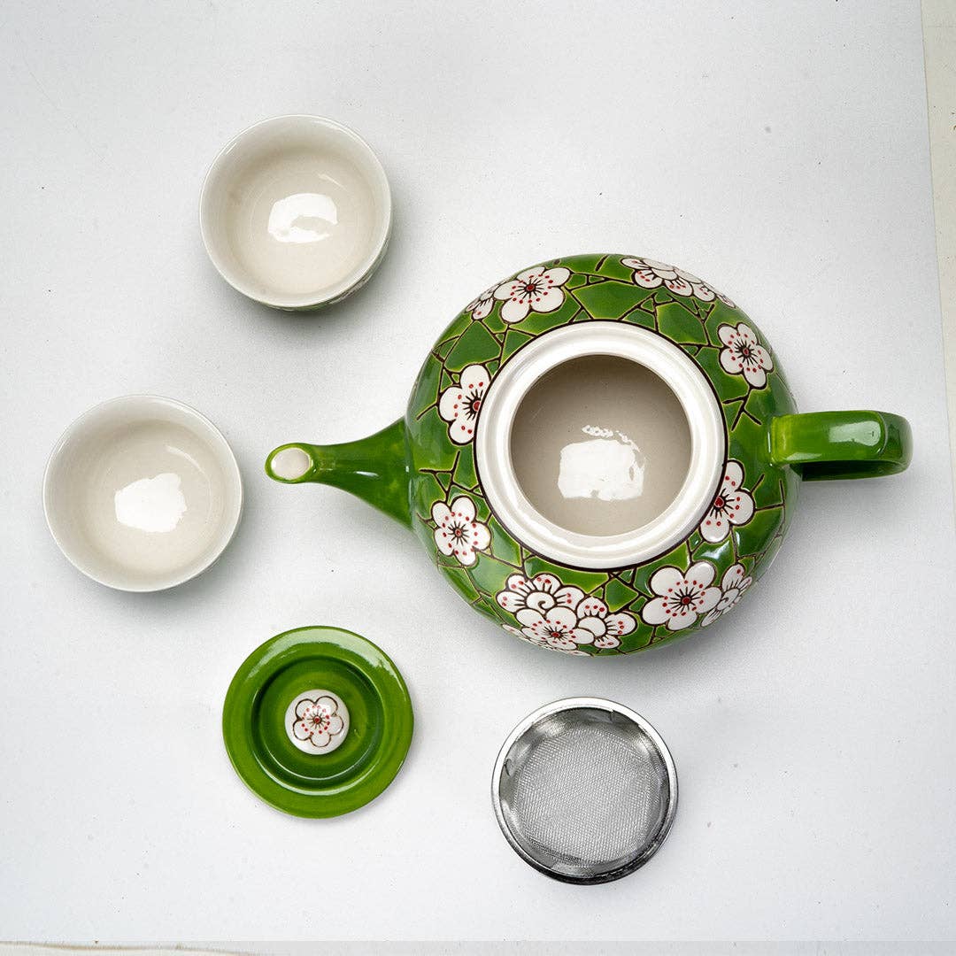 Urban Tokyo 26oz Green Ume Plum Blossoms Tea Pot with 2 Cups