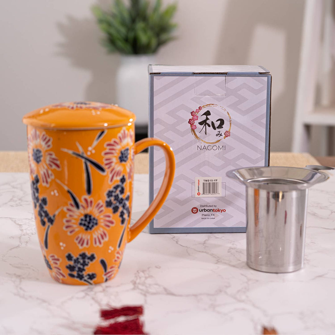 Urban Tokyo Yellow Flower 15oz Tea Mugs with Lid and Infuser