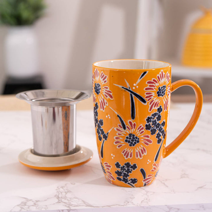 Urban Tokyo Yellow Flower 15oz Tea Mugs with Lid and Infuser