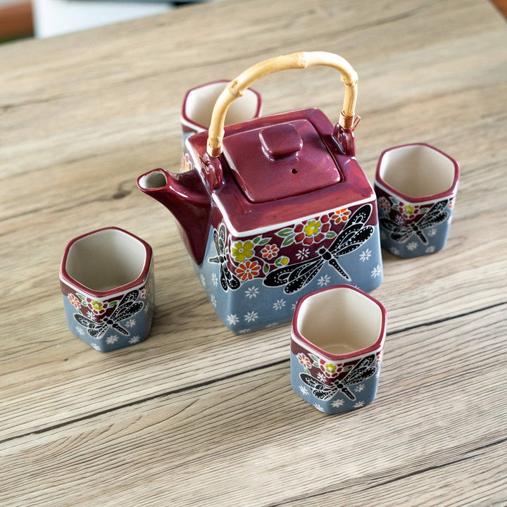 Urban Tokyo Dragonfly Tea Set 20oz Tea Pot with 4 Hexagon Cups
