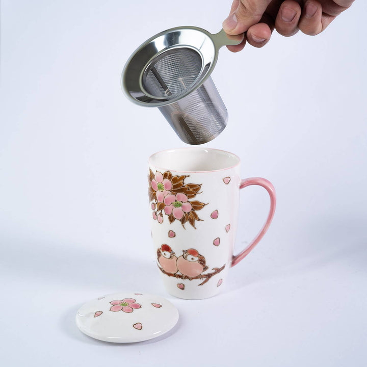 Twin Sparrows Cherry Blossoms Design 15oz Tea Mugs with Lid and Infuser for Loose Leaf Tea