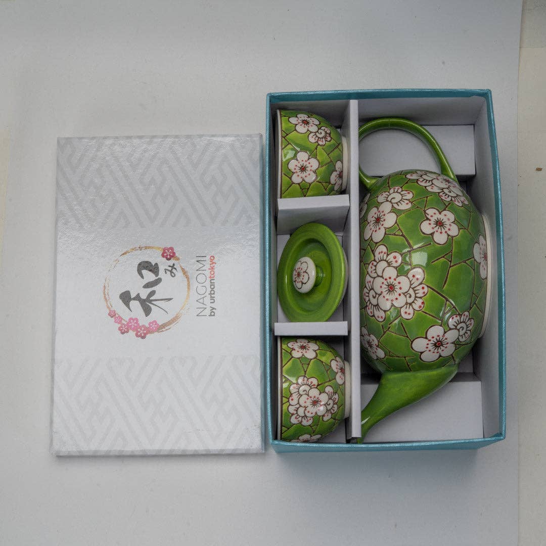 Urban Tokyo 26oz Green Ume Plum Blossoms Tea Pot with 2 Cups