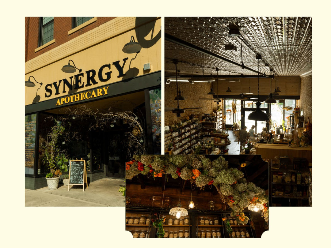 A three-panel collage showing the storefront and interior of Synergy Apothecary. The left panel shows the exterior with a tan facade, black signage, and potted plants at the entrance.