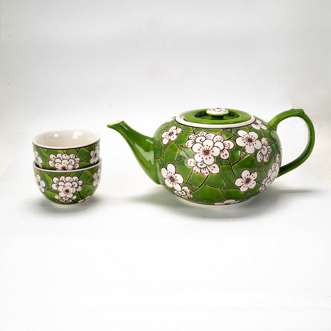 Urban Tokyo 26oz Green Ume Plum Blossoms Tea Pot with 2 Cups
