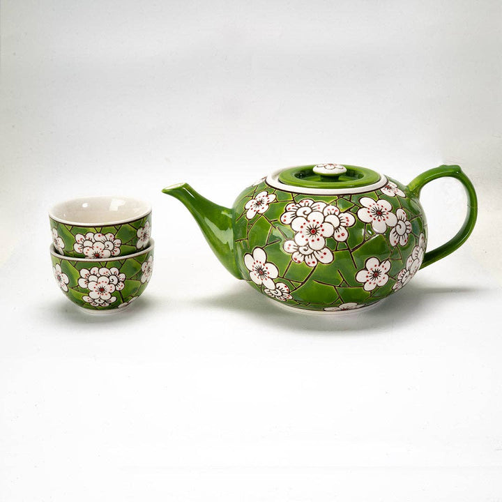 Urban Tokyo 26oz Green Ume Plum Blossoms Tea Pot with 2 Cups