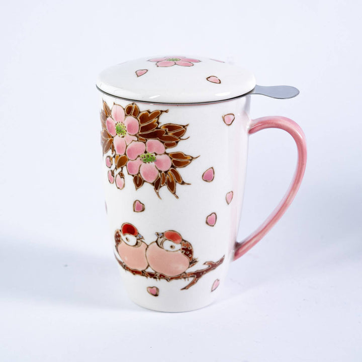 Twin Sparrows Cherry Blossoms Design 15oz Tea Mugs with Lid and Infuser for Loose Leaf Tea