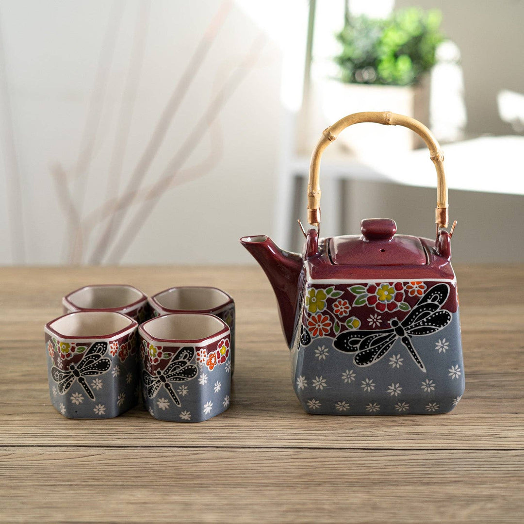 Urban Tokyo Dragonfly Tea Set 20oz Tea Pot with 4 Hexagon Cups