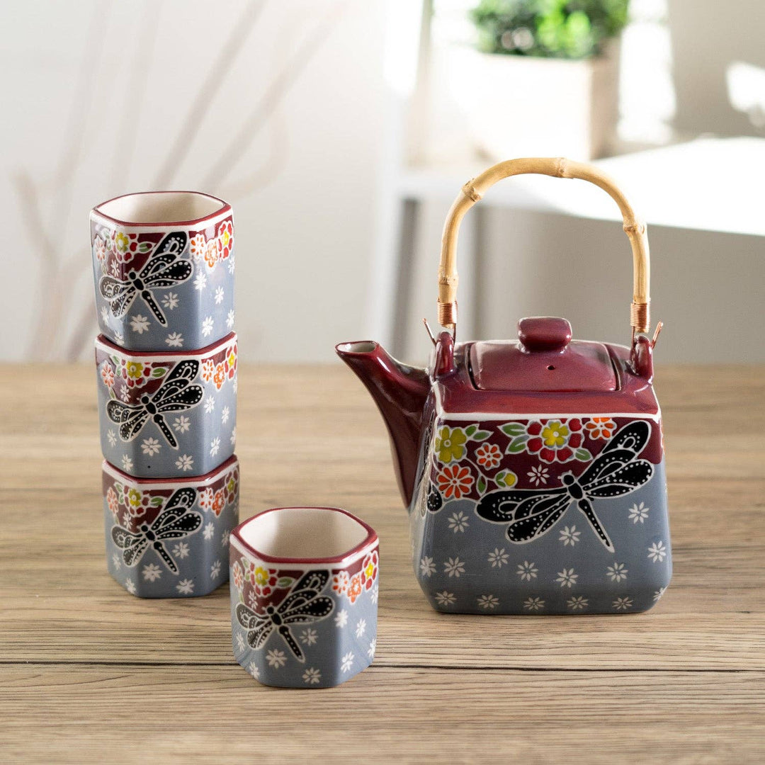 Urban Tokyo Dragonfly Tea Set 20oz Tea Pot with 4 Hexagon Cups