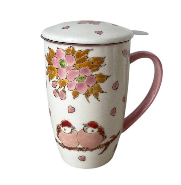 Twin Sparrows Cherry Blossoms Design 15oz Tea Mugs with Lid and Infuser for Loose Leaf Tea