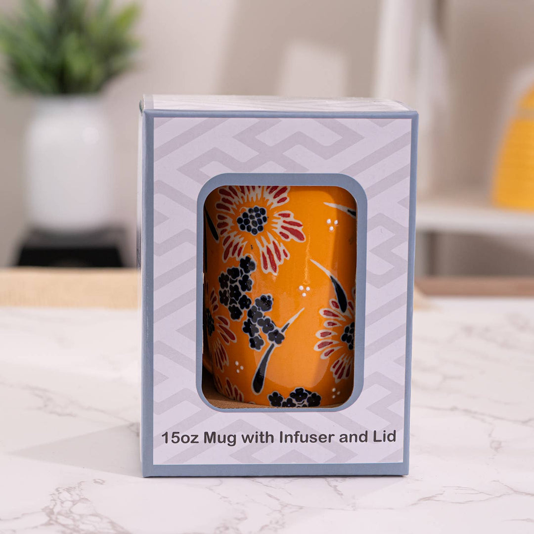 Urban Tokyo Yellow Flower 15oz Tea Mugs with Lid and Infuser