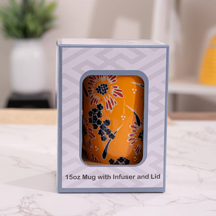 Urban Tokyo Yellow Flower 15oz Tea Mugs with Lid and Infuser