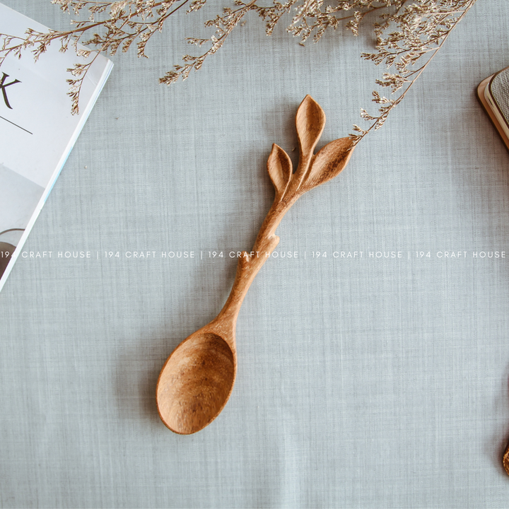 Artisan Leaf Handle Wooden Spoon - Kitchen Serving Utensils