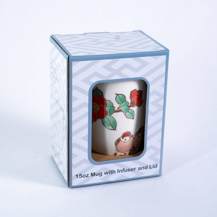 Twin Sparrows Cherry Blossoms Design 15oz Tea Mugs with Lid and Infuser for Loose Leaf Tea