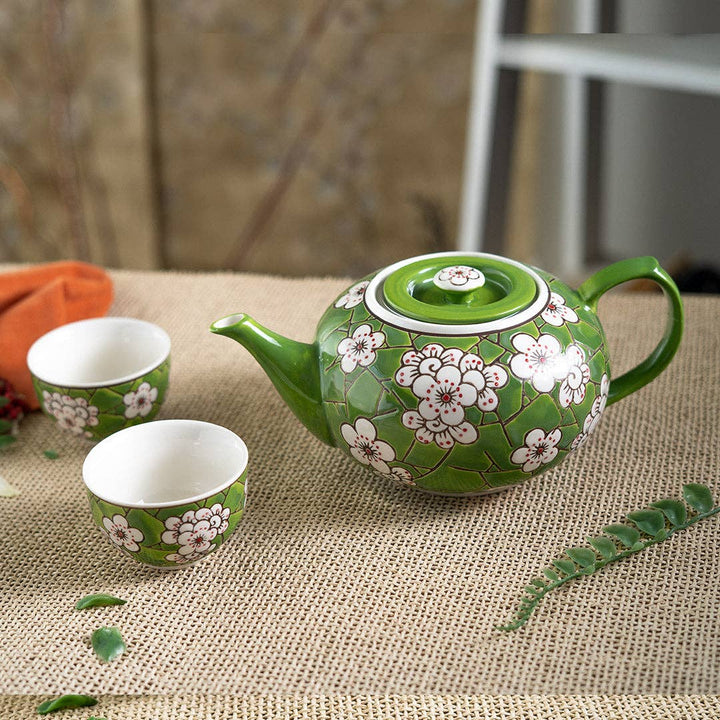 Urban Tokyo 26oz Green Ume Plum Blossoms Tea Pot with 2 Cups