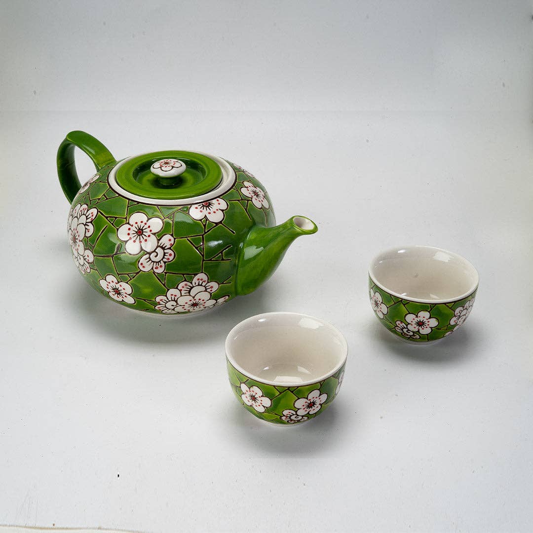 Urban Tokyo 26oz Green Ume Plum Blossoms Tea Pot with 2 Cups
